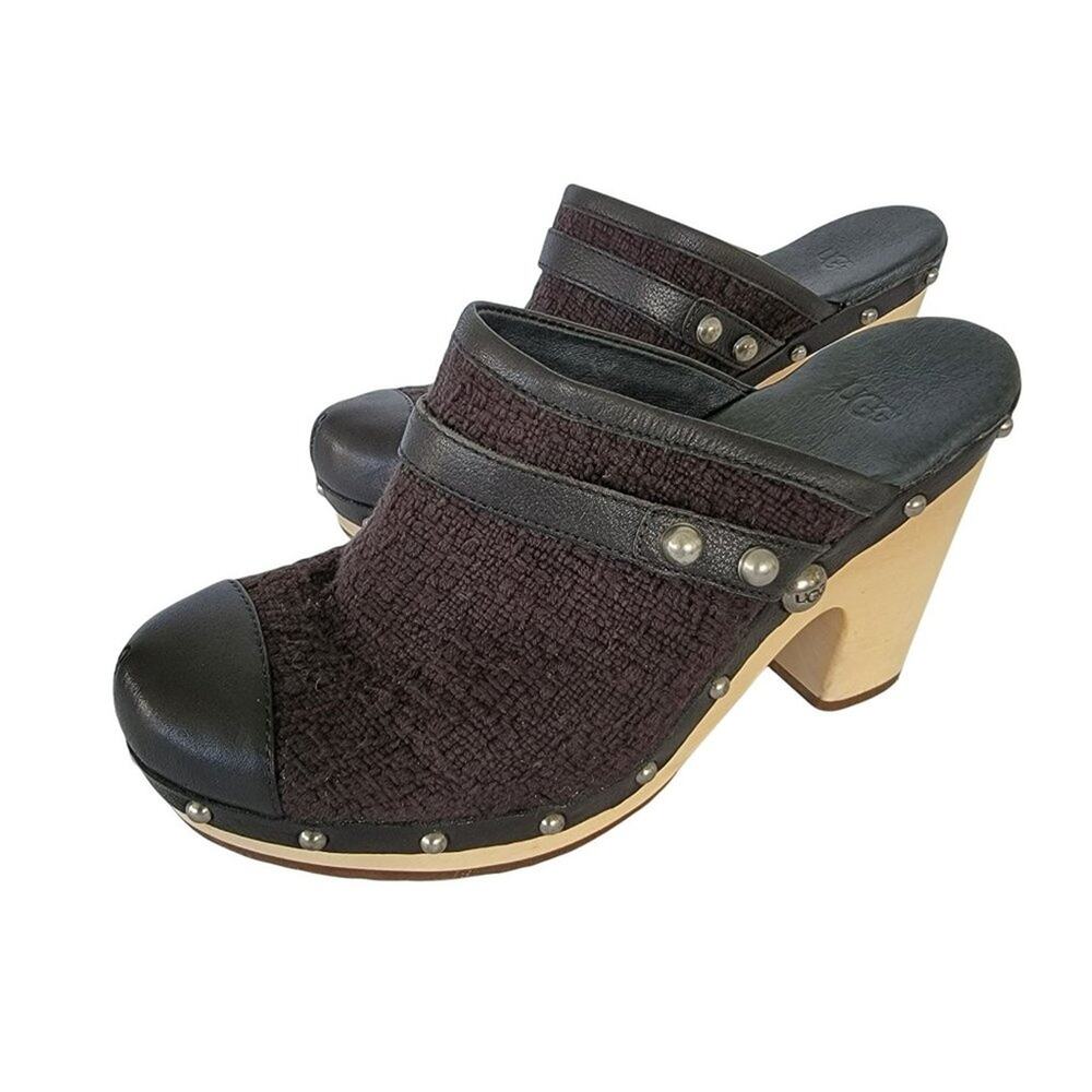 UGG Textile and Leather Slip On Wooden Heel Clogs Womens Size 9 Black